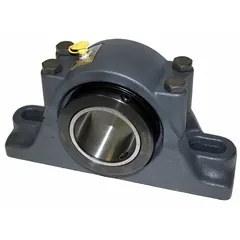 Fixed split-house pillow block bearing with tapered roller elements for supporting rotating shafts in industrial machinery such as conveyors, fans, and pumps. Features a 4 15/16 in bore, 5 1/2 in shaft height, 13 1/2 in mounting length, 4 holes, and 7/8 in mounting bolt size. Maximum speed 1,000 RPM.