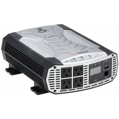 The COBRA CPI2500W inverter converts 13V DC input to 115V AC output at 60 Hz with 2500 W continuous power in modified sine wave form. It features six outlets and input terminals for DC connection, suitable for powering tools and equipment in vehicles or remote locations.