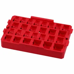 This PACKOUT tool organizer tray is made of red plastic and measures 8 1/16 inches wide by 12 inches deep by 1 7/16 inches high. It is designed to hold and organize sockets within a PACKOUT modular storage system, fitting into compatible toolboxes for job site use.