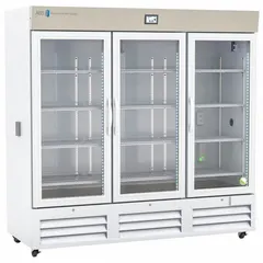 This upright chromatography refrigerator provides a 1°C to 10°C temperature range for storing biological samples, reagents, and chromatography media. The swing glass door enables visual inspection without opening, reducing temperature fluctuations. Features include R-290 refrigerant, a door ajar alarm, and a white finish. The door opens to the right.