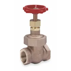 This bronze gate valve features a non-rising stem design, making it suitable for installations with limited vertical space. It has female NPT threaded ends and a bronze wedge and bonnet. Rated for 400 psi CWP, it is used for on/off control in water, oil, and gas lines.