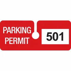 Vinyl parking hanger in red with white markings for identifying authorized vehicles. Card height 2 in, overall width 4 3/4 in. Supplied in a pack of 100. Suitable for use in parking lots, garages, and facility access control.