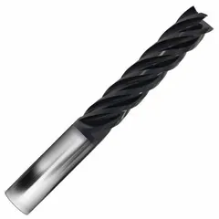 This carbide square end mill features an AlCrN coating and 5-flute geometry for heat resistance and efficient chip evacuation. It is designed for fast cutting of stainless steel and super alloys in high-speed machining operations. The tool has a 1/2" mill diameter, 1" length of cut, and 3" overall length.