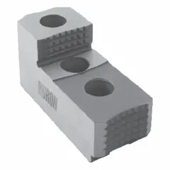 This HURON single-step hard lathe jaw is made of pointed, serrated steel for secure workpiece gripping in turning operations. Designed for use with a 12-inch chuck, it has a height of 1.95 inches and mounts with M14 bolts. Suitable for metalworking and industrial manufacturing applications requiring repeatable clamping.