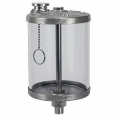 This standard drip-feed oiler delivers controlled lubrication to industrial machinery components such as bearings, chains, and slides. It features a 32 oz capacity plastic reservoir with a 3/8" NPTF male mounting thread for secure installation.