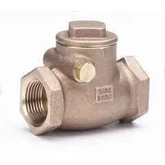 This bronze inline swing check valve features a swing-type disc and FNPT x FNPT connections. It is used in piping systems to prevent backflow, suitable for water, oil, gas, and steam applications where reverse flow could cause damage or contamination.