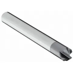 Solid carbide chamfer mill with AlTiN coating for heat resistance and extended tool life. Features 4 flutes and a 90° included angle for creating beveled edges and chamfers on workpiece corners. Suitable for deburring, edge preparation, and chamfering in ferrous and non-ferrous materials. Overall length 2-1/2", mill diameter 1/4".