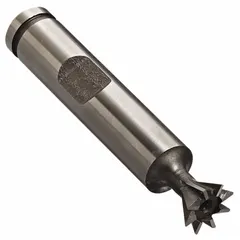 This high-speed steel dovetail milling cutter features a 45° angle, 1/2" cutting diameter, 1/8" width of cut, and 8 teeth. It is used for milling dovetail slots in metal for machine tool slides, fixtures, and clamping systems.