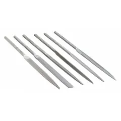 Set of six needle files with 3-1/2 inch cutting length and 7-3/16 inch overall length. Includes equaling, half round, rectangular, round, square, and triangular shapes for precision filing and deburring in confined spaces and complex profiles.