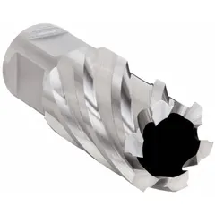 This high-speed steel annular cutter is designed for stacked drilling applications, cutting clean holes through multiple layers of metal. It features a 1 1/16 in cutter diameter, 1 in max cutting depth, bright finish, and a Weldon Flat shank for secure tool holding. Fractional inch sizing.