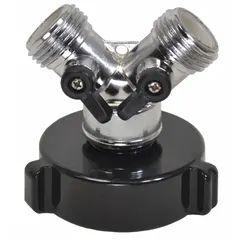 Aluminum wye valve body with female NH inlet and dual 3/4 in male GHT outlets. Used to connect fire hydrant or standpipe systems to garden hose outlets for controlled fluid distribution.