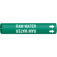 This snap-on pipe marker identifies raw water lines. It features a green background with white legend and directional arrows. Designed for pipe outer diameters from 1-1/2 to 2-3/8 inches. Suitable for industrial piping systems requiring clear content and flow direction labeling.