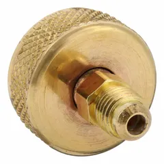 This swivel cylinder valve adapter is constructed of brass for corrosion resistance. It connects service hoses to refrigerant cylinders in HVAC and refrigeration systems. The adapter features a 3/4 in NPT connection and a 1/4 in Male SAE connection.