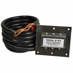 This plug-in jumper cable features a 1 AWG copper conductor with a black jacket and crimped connections. The 5 ft length is suited for heavy-duty electrical connections in battery charging and power distribution applications.