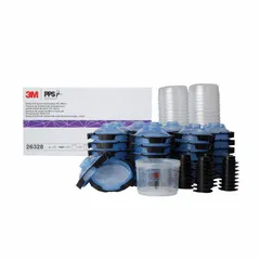 This liner kit for spray gun cups includes 50 disposable lids with integrated collars and full diameter filters. Made of plastic, it is designed for use with 3M PPS series spray cup systems. The kit reduces cleanup time and solvent waste in painting and coating applications.