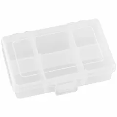 This clear plastic compartmented box features 6 compartments, including 2 adjustable dividers, with four compartments measuring 3 in x 1-1/4 in. It is not electrostatic discharge conductive. Suitable for organizing small parts in workshops, labs, and maintenance areas.