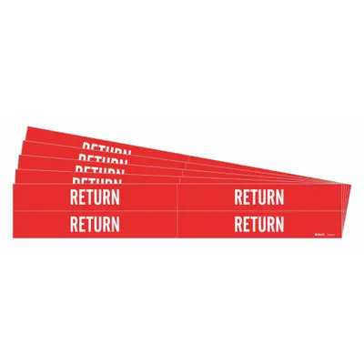 BRADY Pipe Marker: Return, Red, White, Fits 3/4 to 2 3/8 in Pipe O.D., 4 Pipe Markers - Return Adhesive Pipe Markers