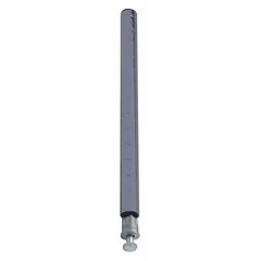 This steel shelving post features an epoxy-coated gray finish and is designed for dry environments. It is used to construct quick-adjust wire shelving systems in warehouses, retail backrooms, and industrial storage areas, allowing fast height adjustments without tools. Leveling feet are not included.