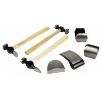 This auto body repair kit includes hammers with carbon steel heads and wooden handles. It is used for automotive bodywork such as dent removal and panel shaping. The kit measures 3 3/16 inches in length and 14 1/8 inches in width