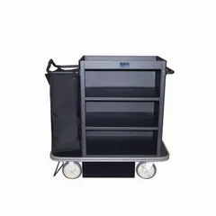 This manual housekeeping cart is designed for commercial cleaning and janitorial tasks. It includes a vacuum bungee to secure a vacuum cleaner during transport. Overall dimensions: 46 in depth, 22 in width, 47 in height. Not lockable.