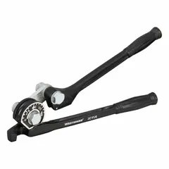This lever-style bender is designed for manual bending of copper tubing with a 9/16 in outer diameter. It features calibrated angle markings from 0 to 180 degrees for precise bends. Typical applications include HVAC, refrigeration, and plumbing installations.