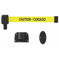 Wall-mount retractable belt barrier with a 15 ft yellow belt and black frame. Features bilingual messaging in black on the belt. Used for pedestrian flow management, queue guidance, and area restriction in industrial and public settings.