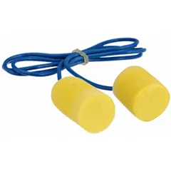 Cylinder-shaped, roll-down earplugs with a 33 dB NRR for general-purpose hearing protection. Corded design prevents loss and facilitates handling. Disposable, yellow earplugs supplied in a 200-count pack. Suitable for noise reduction in industrial environments such as manufacturing, construction, and maintenance.