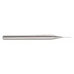 This 4-flute carbide square end mill features a pencil-neck design for deep cavity machining. With a 3/64" mill diameter and 1/4" length of cut, it is suited for precision slotting, profiling, and contouring in hard materials. The overall length is 2-1/2".