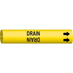 Yellow snap-on pipe marker with black 'Drain' legend and directional arrows. Fits pipe outer diameters from 3/4 to 1-3/8 inches. Used to identify drain lines and indicate flow direction in piping systems.