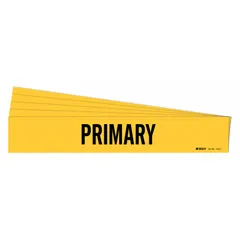 Yellow adhesive pipe marker with black 'Primary' legend, designed for pipes with outer diameters from 2-1/2 to 7-7/8 inches. Each pack contains five markers, one per pipe. Used to identify pipes carrying primary process fluids in industrial facilities for safety and compliance.