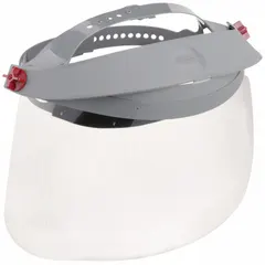 This face shield features an uncoated, dielectric polycarbonate visor that is reusable. The visor measures 15 1/2 inches wide by 8 inches high, and the headgear is gray. It is suitable for splash and impact protection in industrial environments.