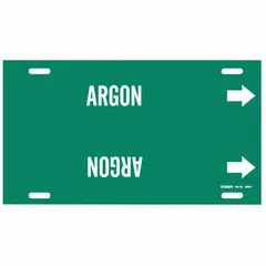 Green strap-on pipe marker with white legend text reading 'Argon' and directional arrows. Designed for pipes with outer diameter from 6 to 7-7/8 inches. Used to identify argon gas lines in piping systems for process plants, refineries, and manufacturing facilities.