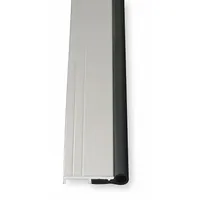 This metal leaf weatherstripping is 4 ft long, 1 3/16 in wide, and 1 1/4 in high, featuring an aluminum flange and a neoprene bulb insert. It is used to seal gaps around doors, blocking drafts, dust, and moisture. The neoprene insert compresses against the door frame for a tight seal