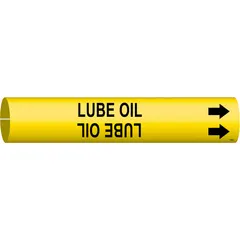 Yellow snap-on pipe marker with black 'Lube Oil' legend and directional arrows. Fits pipe outer diameters from 2-1/2 to 3-7/8 inches. Used to identify lube oil lines in industrial piping systems, aiding in compliance with pipe-marking standards.