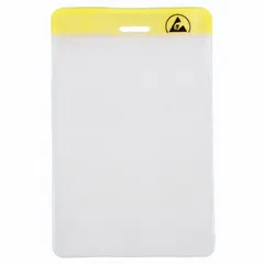 Yellow vertical badge holder with a pouch width of 2 1/8 in and height of 3 3/8 in, overall height 3 3/8 in. Designed for holding and displaying ID badges or access cards in security and identification applications.