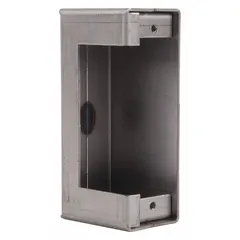 This steel electric strike box is designed for welding onto gate frames to provide a secure mounting point for electric strikes in access-control systems. It features a single mounting hole and includes the necessary hardware for installation. The unfinished silver finish allows for field painting or welding without coating interference.