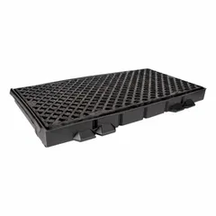Polyethylene containment pan measuring 53 1/2 in x 27 1/2 in x 6 in with one grate. Designed for placement beneath outrigger pads on railroad tracks to collect drips, pellets, or debris in industrial rail maintenance and material handling applications.