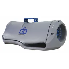 Industrial low-profile blower-style ceiling fan for air circulation in warehouses, factories, and workshops. Single-speed unit powered by 460V AC. Maximum mounting height of 12 ft. Unit height 12 1/8 in.