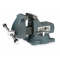 Enclosed combination bench and pipe vise with serrated hardened steel jaws. Jaw face width is 6 inches, maximum jaw opening is 5-3/4 inches. Suitable for clamping workpieces in machining, drilling, filing, and pipe threading applications.