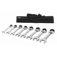This 8-piece set of SAE 12-point ratcheting combination wrenches features a chrome finish and covers head sizes from 5/16 in to 3/4 in. The ratcheting box end allows for continuous turning without repositioning. Suitable for tightening and loosening fasteners in maintenance and assembly tasks.