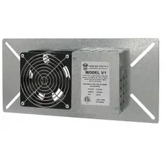 Single-fan exhaust unit for crawl spaces, rated 110 cfm maximum airflow. Operates on 115V AC (nameplate 120V AC) with 20 W power consumption. Fits a 6 in x 8 in cutout and includes a thermostat for automatic operation. Used to remove stale, humid air and improve ventilation in residential and light commercial crawl spaces.