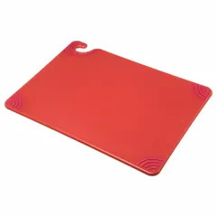 This red co-polymer cutting board is NSF Certified for sanitation compliance. It measures 20 inches in overall length and 15 inches in overall width. Commonly used in commercial kitchens and food preparation areas for tasks such as chopping and slicing.