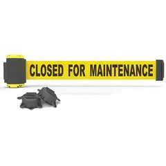 This magnetic-mount retractable belt barrier features a 7 ft yellow belt with black housing and base. Designed for maintenance and cleaning messaging applications, it attaches to metal surfaces for temporary crowd control without floor stands.