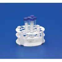 This white plastic test tube rack holds up to 24 tubes in 24 compartments. Designed for benchtop use, it provides organized storage and handling of tubes in laboratory settings