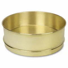 Brass sieve pan with 12-inch overall diameter and 4-inch overall depth. Used as the bottom collection pan in sieve stack assemblies for particle size analysis and material testing in laboratory and quality-control environments.
