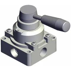 Manual air control valve with lever actuator and side-ported body. Features three-position exhaust function for precise flow control. Port size: 3/8 in NPT. Maximum operating pressure: 1 MPa. Suitable for directing or stopping compressed air in pneumatic systems.