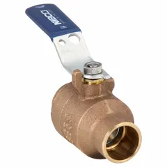 This NIBCO bronze ball valve features a 1-inch sweat x sweat straight connection and a lever handle. It is rated for a maximum pressure of 600 psi (CWP). Suitable for manual two-way flow control in plumbing and HVAC systems.