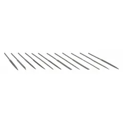 This needle file set includes nine shapes: Barrette, Crossing, Half Round, Knife, Rectangular, Round, Slitting, Square, and Triangular. Each file features a 0 cut for fine finishing work. Used for precision filing, deburring, and shaping in metalworking and toolmaking.