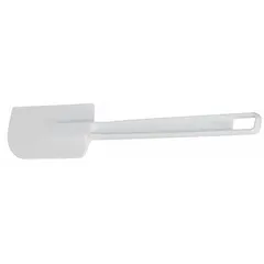 This CRESTWARE spatula features a plastic blade and plastic handle, with a blade width of 3 inches and an overall length of 13 1/2 inches. It is suitable for mixing, spreading, and scraping tasks, particularly on non-stick surfaces where metal tools may cause scratching. Not dishwasher safe and not NSF certified.