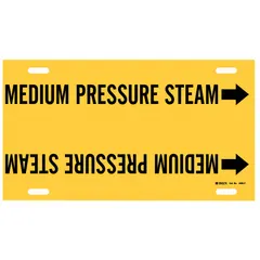 Yellow pipe marker with black legend 'Medium Pressure Steam' and directional arrows. Fits pipe outer diameters from 6 to 7-7/8 inches. Used to identify medium-pressure steam lines in industrial piping systems.